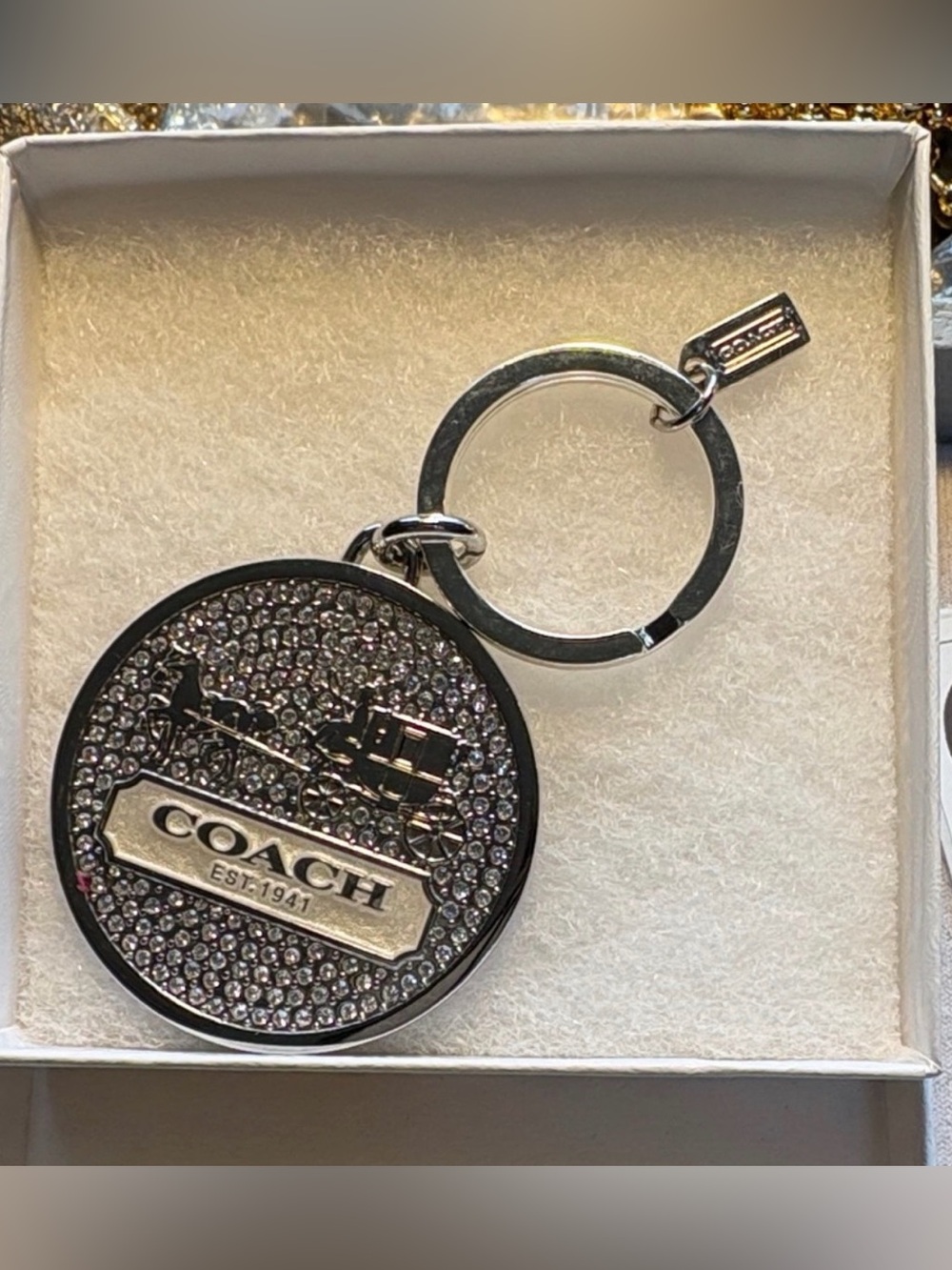 Coach Silver Crystal Round Keychain Key & Card Holder Charm